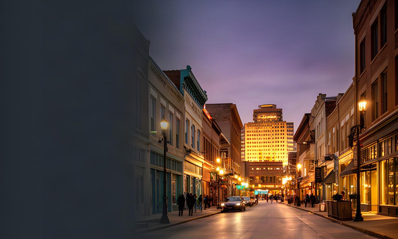Nashville Broadway street at dusk with historic buildings and the city's lights