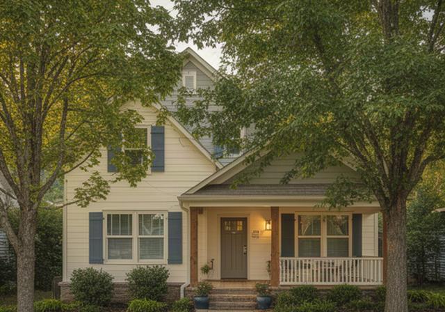 Quiet Nashville home exterior with mature trees and a welcoming front porch