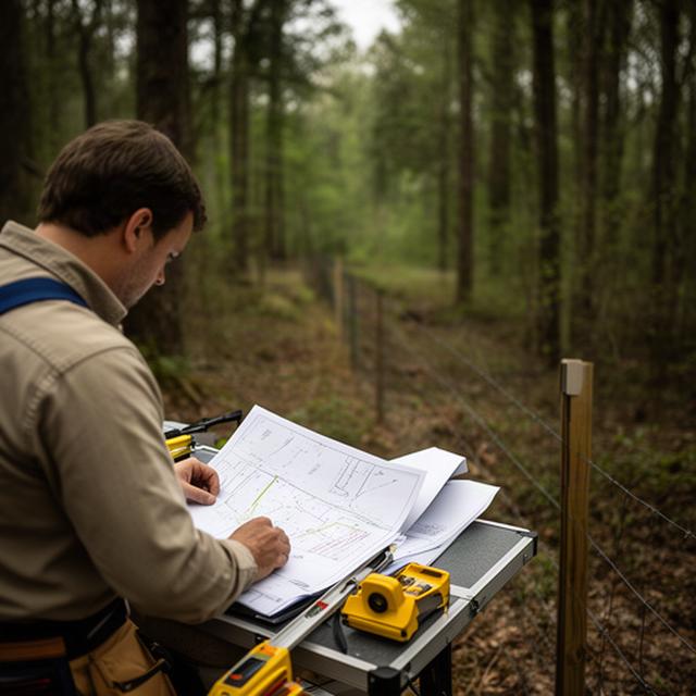Land surveyor reviewing a boundary map beside a wooded Nashville property line